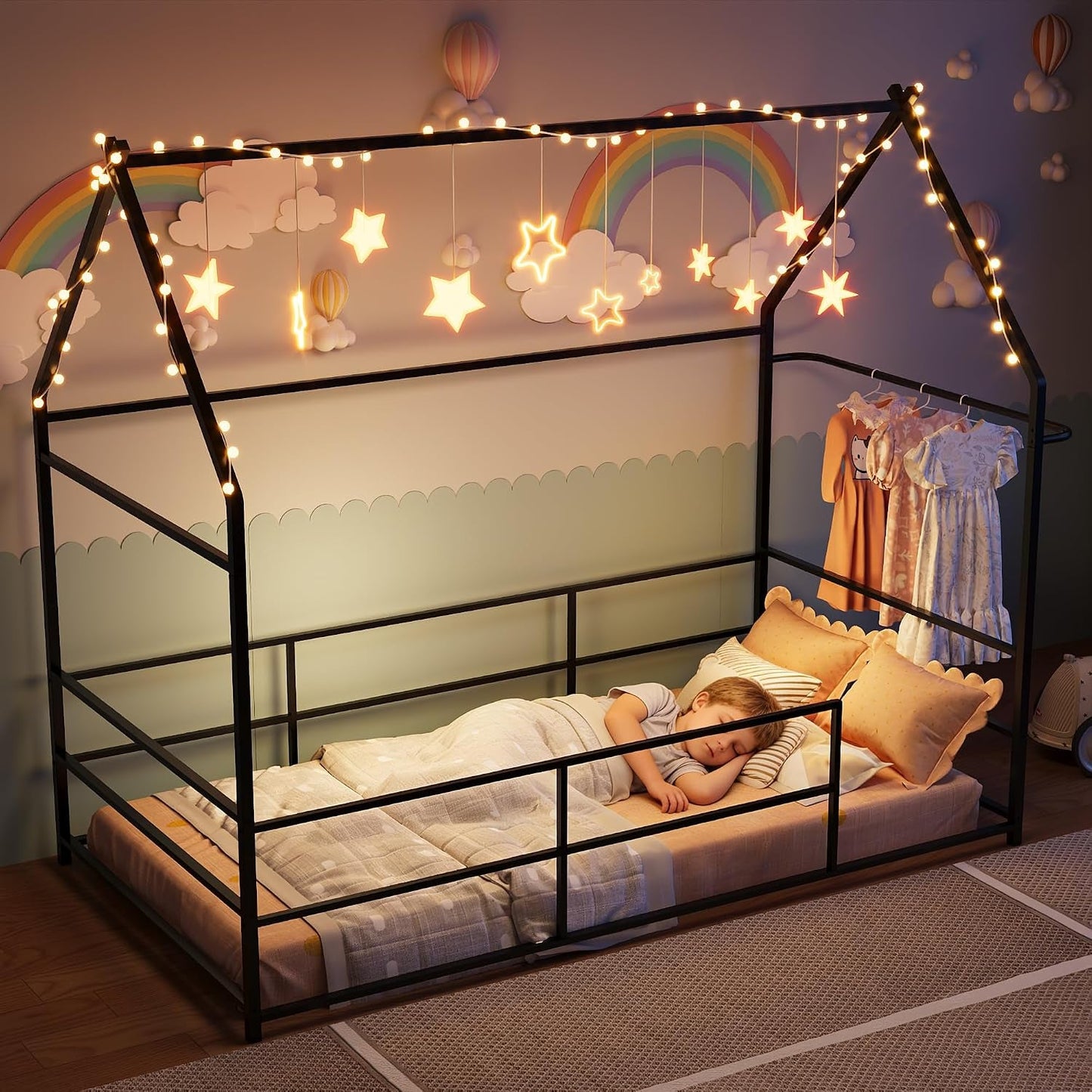 Twin Floor Bed Frame Montessori House Bed Guardrails