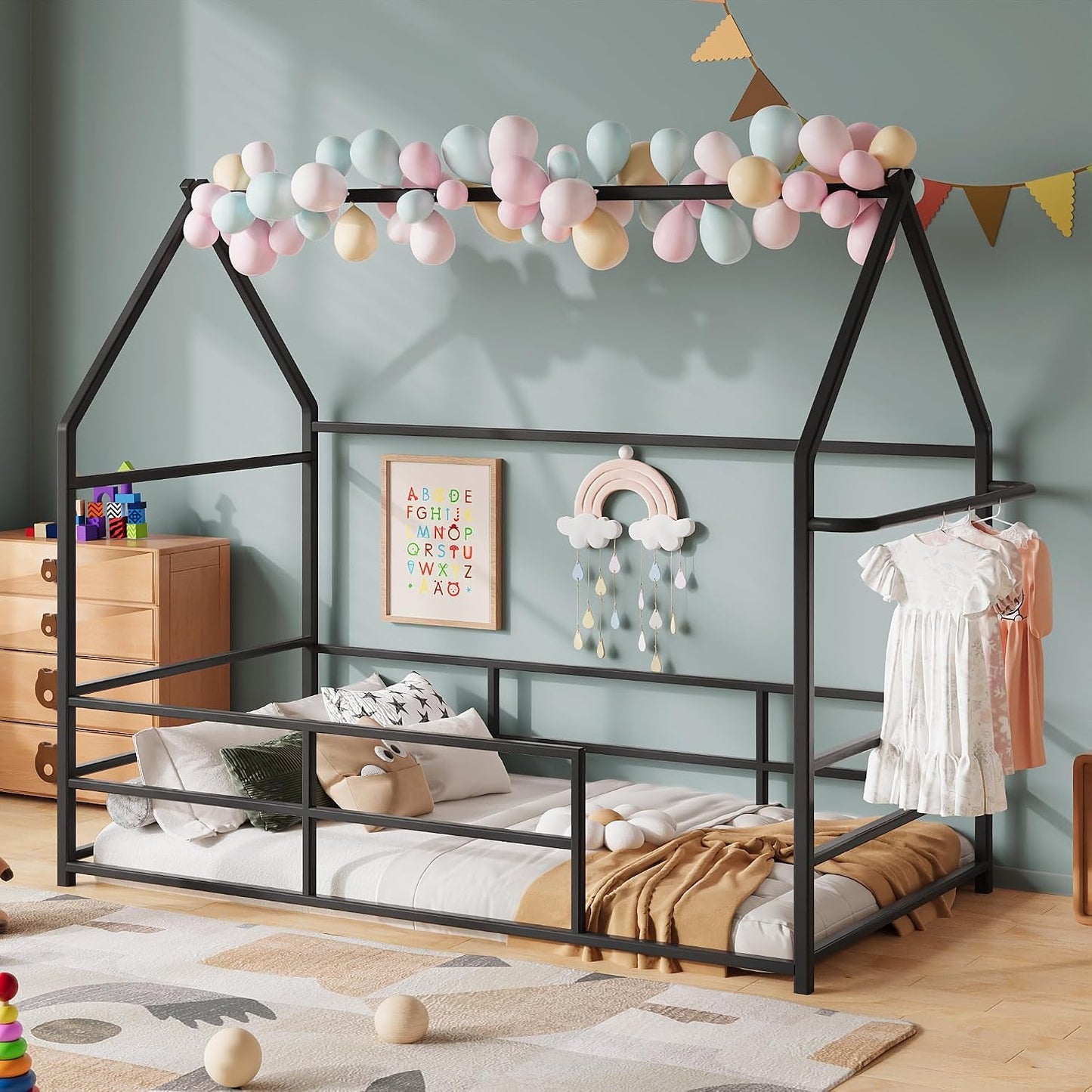 Twin Floor Bed Frame Montessori House Bed Guardrails