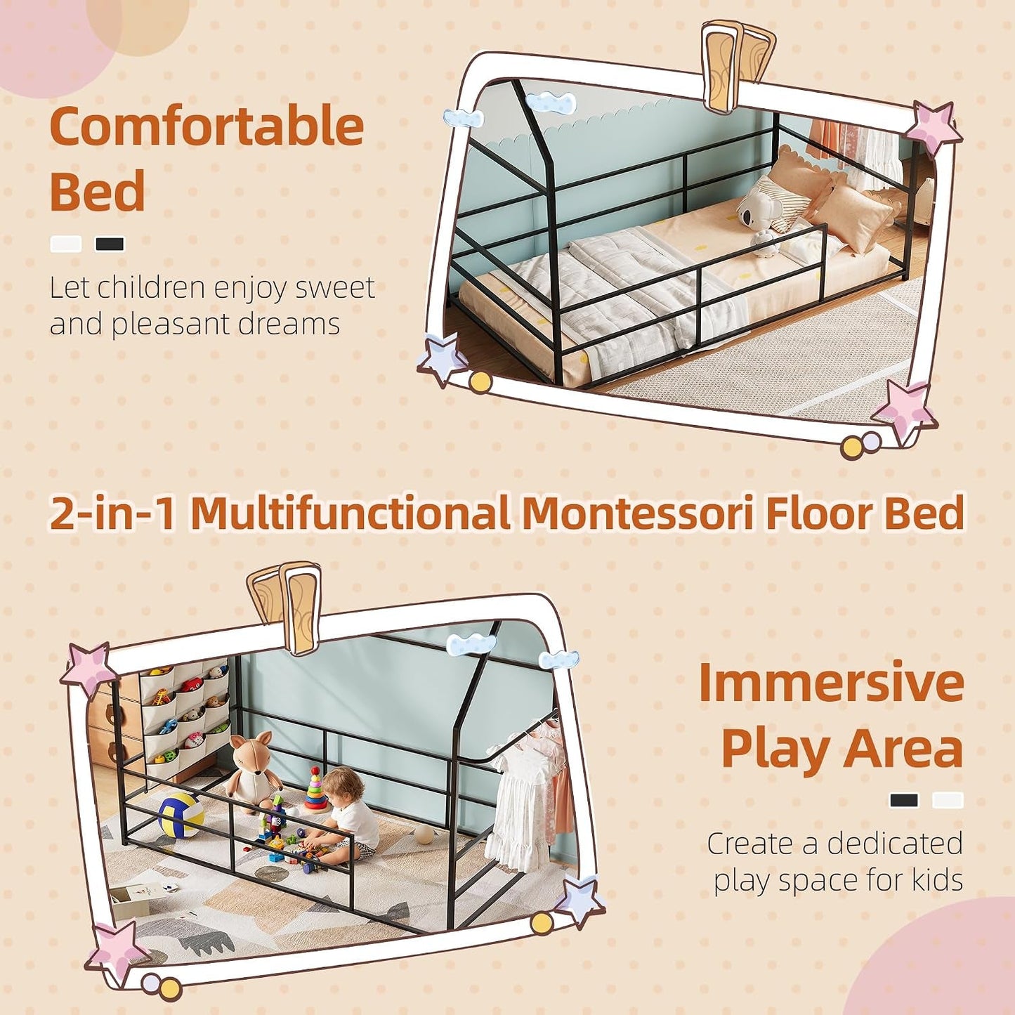 Twin Floor Bed Frame Montessori House Bed Guardrails